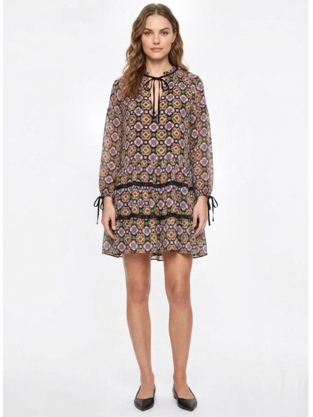 Alice + Olivia Mosaic Kaleidoscope Print Tiered Peasant Dress Womens Size Medium